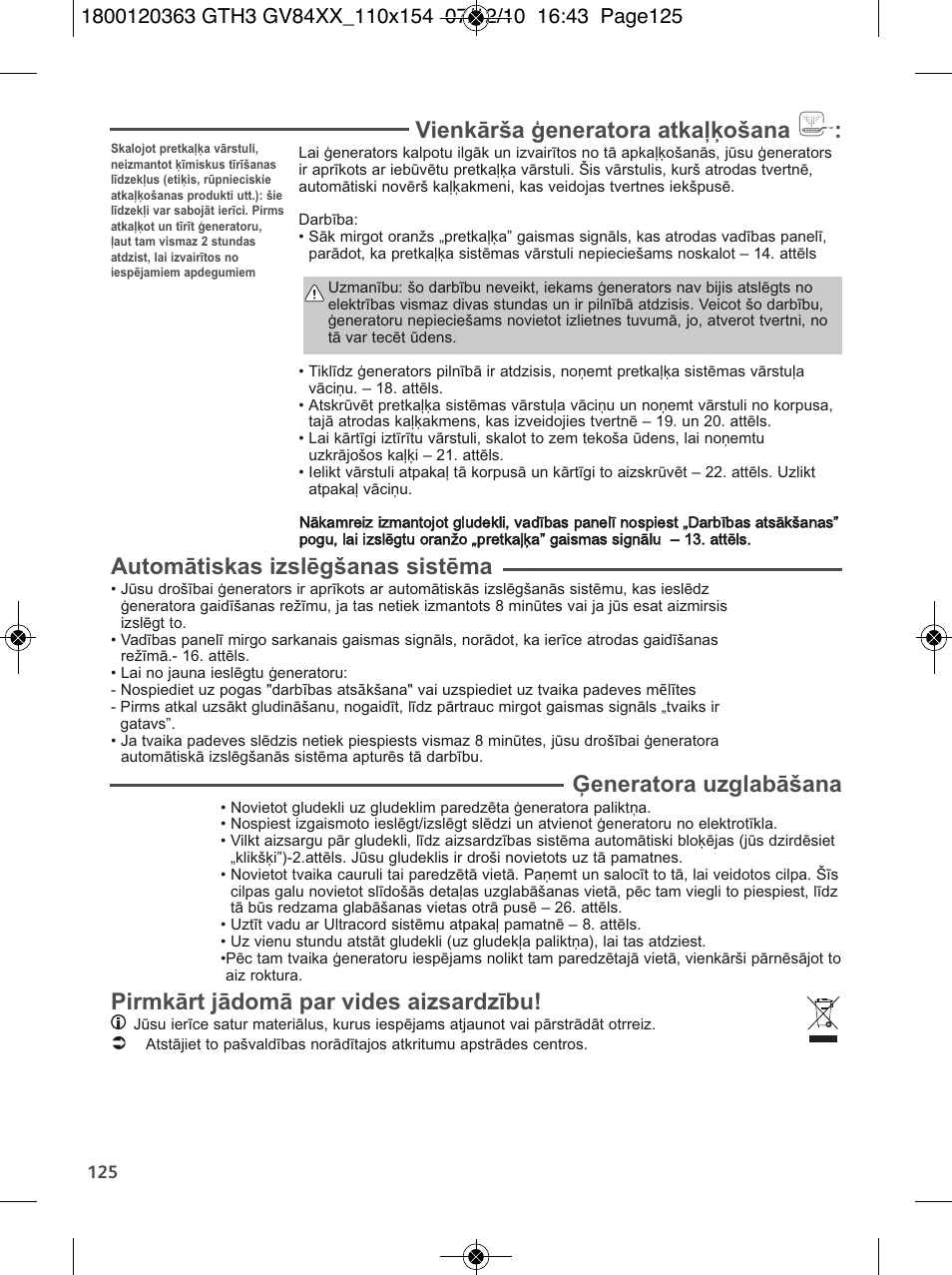 Vienkārša ģeneratora atkaļķošana, Automātiskas izslēgšanas sistēma, Ģeneratora uzglabāšana | Pirmkārt jādomā par vides aizsardzību | Tefal GV 8460E0 User Manual | Page 130 / 132