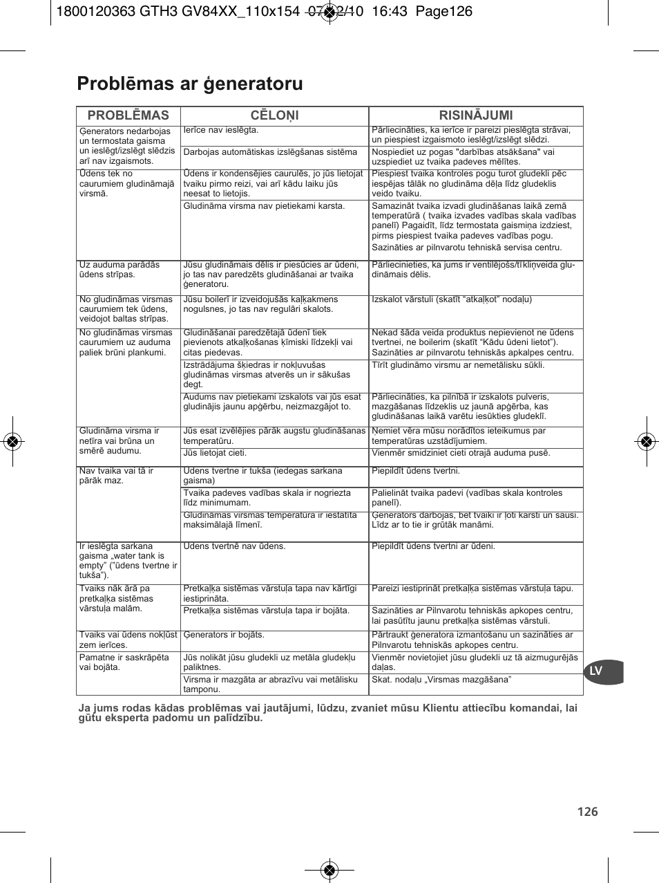 Problēmas ar ģeneratoru, Problēmas cēloņi risinājumi | Tefal GV 8460E0 User Manual | Page 131 / 132