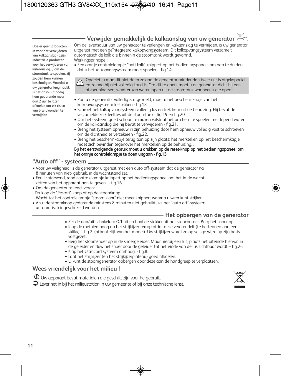 Auto off” - systeem, Het opbergen van de generator, Wees vriendelijk voor het milieu | Tefal GV 8460E0 User Manual | Page 16 / 132