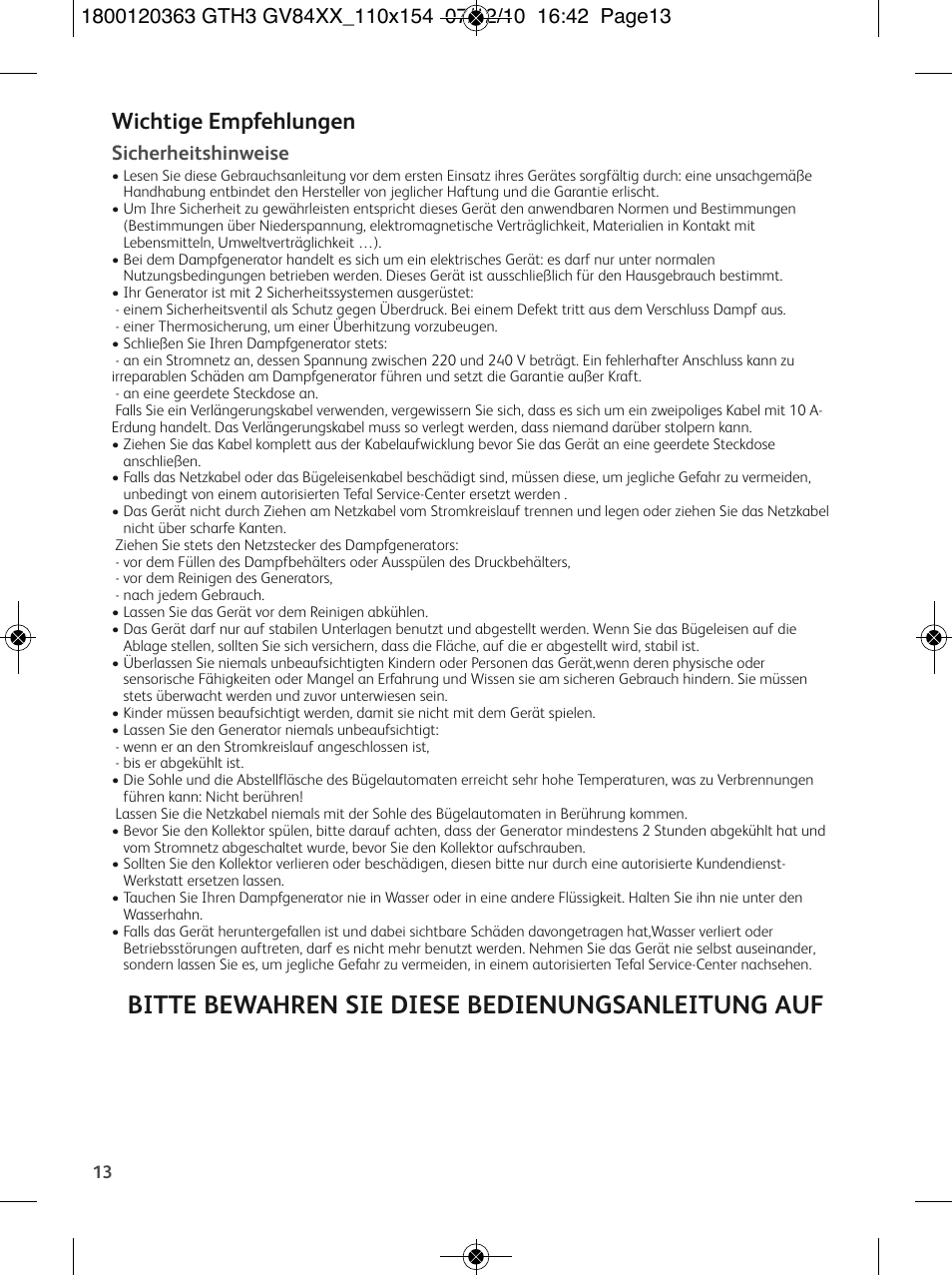 Bitte bewahren sie diese bedienungsanleitung auf, Wichtige empfehlungen, Sicherheitshinweise | Tefal GV 8460E0 User Manual | Page 18 / 132