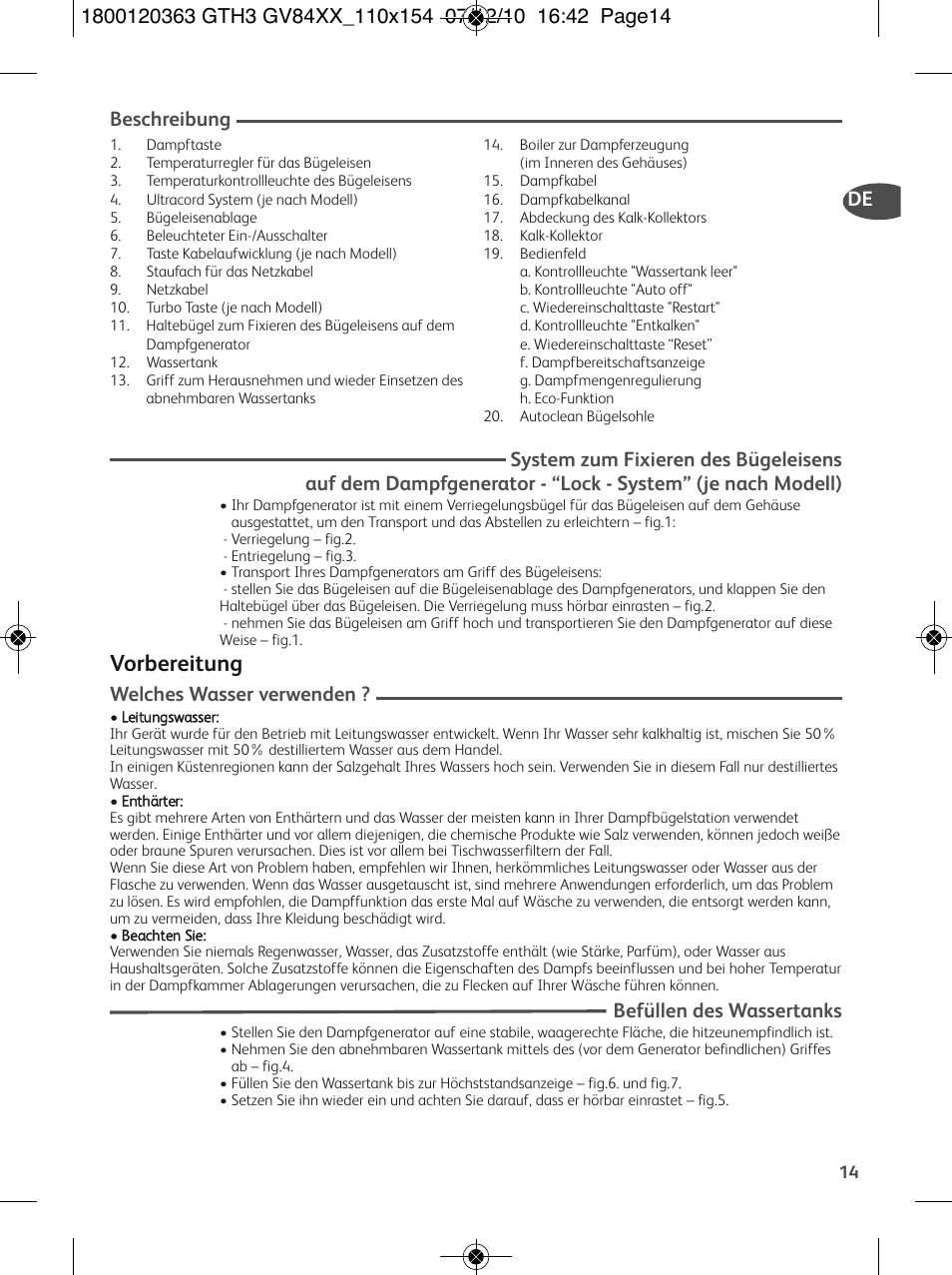 Vorbereitung, Welches wasser verwenden, Befüllen des wassertanks | De beschreibung | Tefal GV 8460E0 User Manual | Page 19 / 132