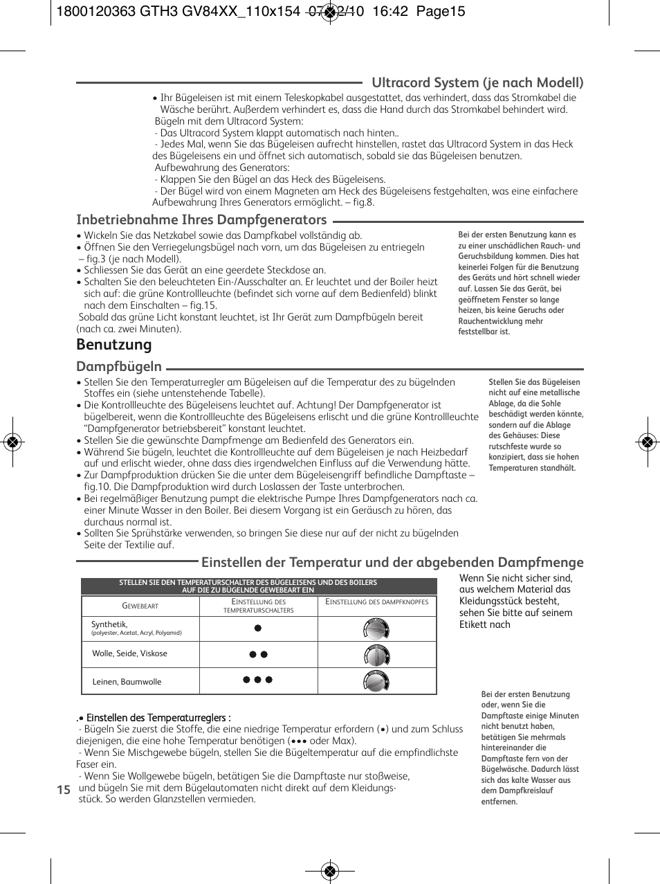 Benutzung, Ultracord system (je nach modell), Inbetriebnahme ihres dampfgenerators | Dampfbügeln | Tefal GV 8460E0 User Manual | Page 20 / 132