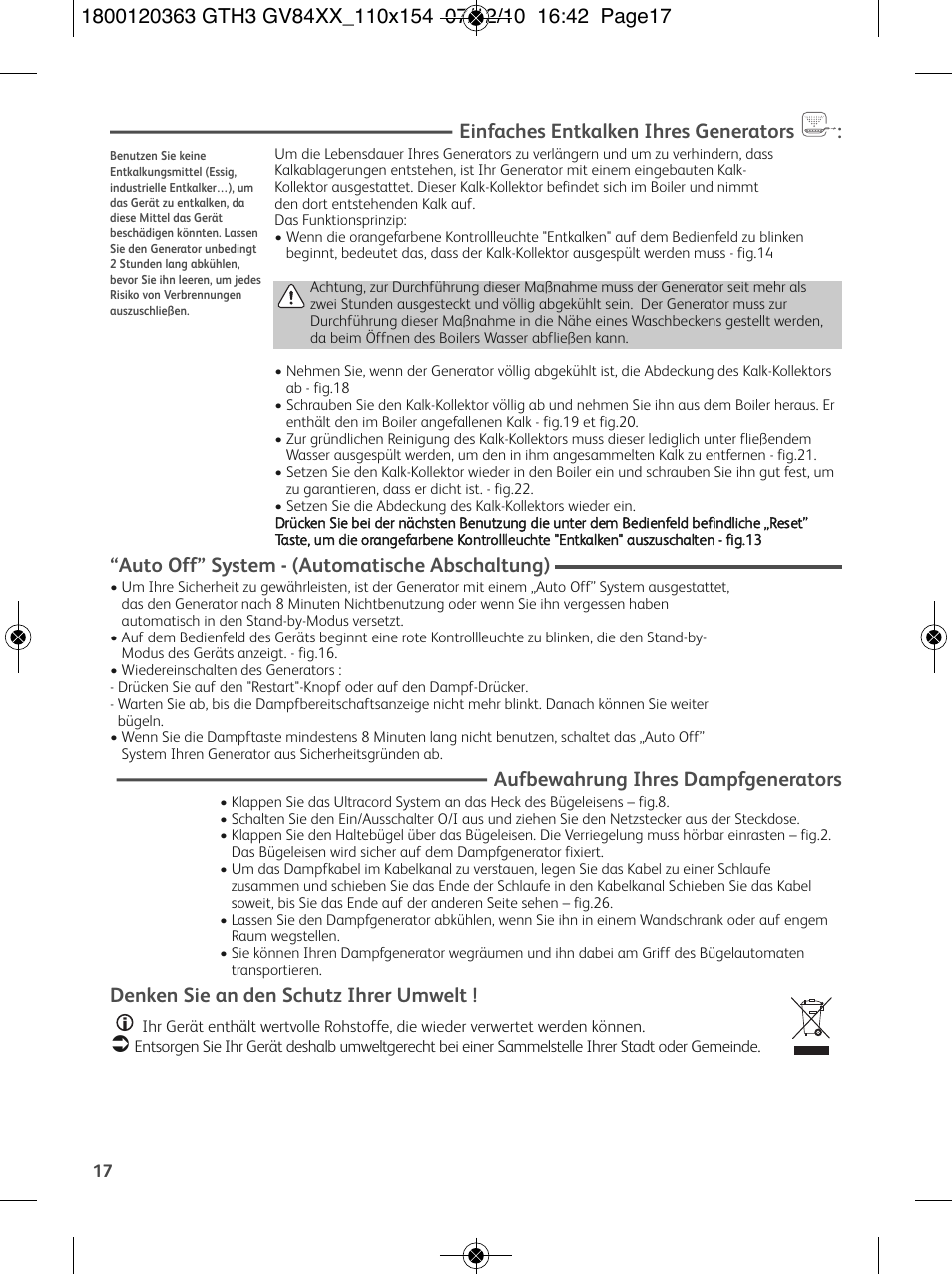 Einfaches entkalken ihres generators, Auto off” system - (automatische abschaltung), Aufbewahrung ihres dampfgenerators | Denken sie an den schutz ihrer umwelt | Tefal GV 8460E0 User Manual | Page 22 / 132
