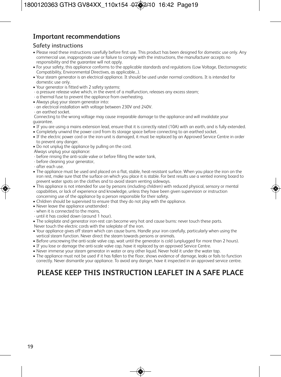 Important recommendations, Safety instructions | Tefal GV 8460E0 User Manual | Page 24 / 132