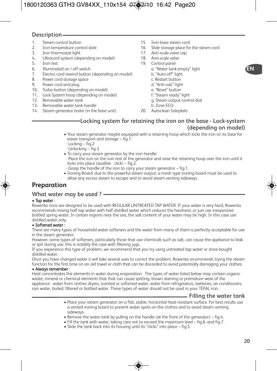 Preparation, En description, What water may be used | Filling the water tank | Tefal GV 8460E0 User Manual | Page 25 / 132