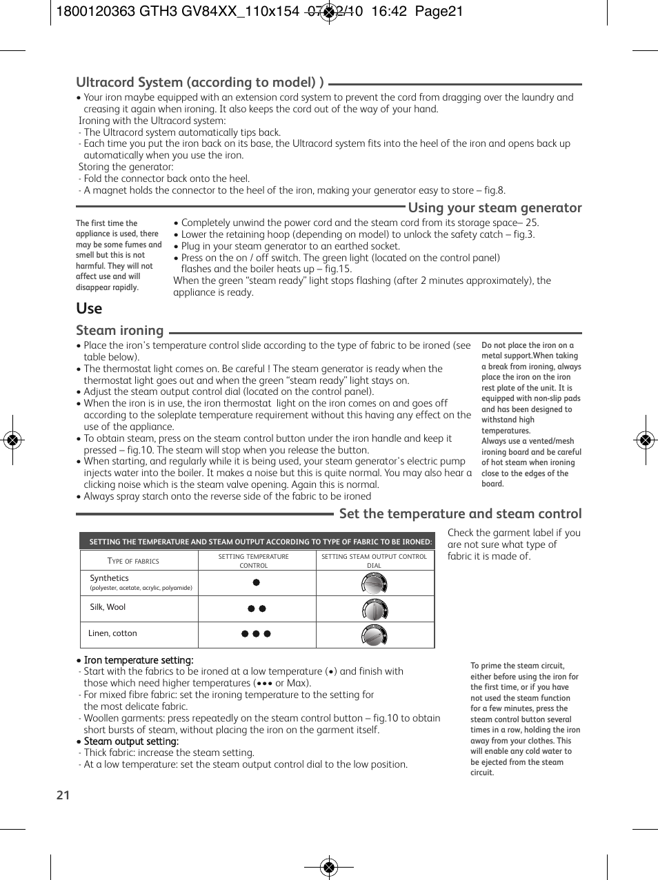 Ultracord system (according to model) ), Using your steam generator, Steam ironing | Set the temperature and steam control | Tefal GV 8460E0 User Manual | Page 26 / 132