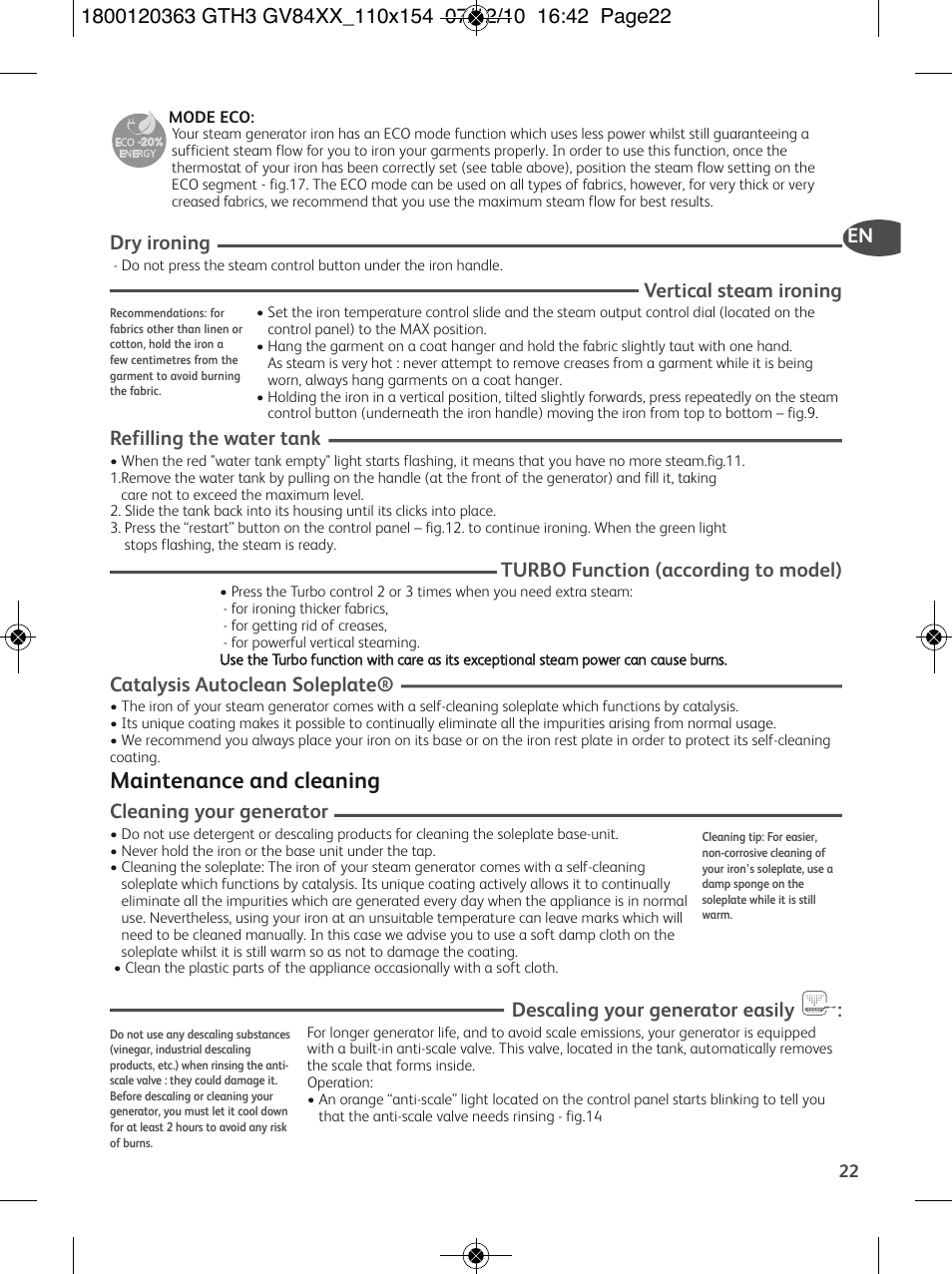 Maintenance and cleaning, Dry ironing, Vertical steam ironing | Refilling the water tank, Turbo function (according to model), Catalysis autoclean soleplate, Cleaning your generator, Descaling your generator easily | Tefal GV 8460E0 User Manual | Page 27 / 132