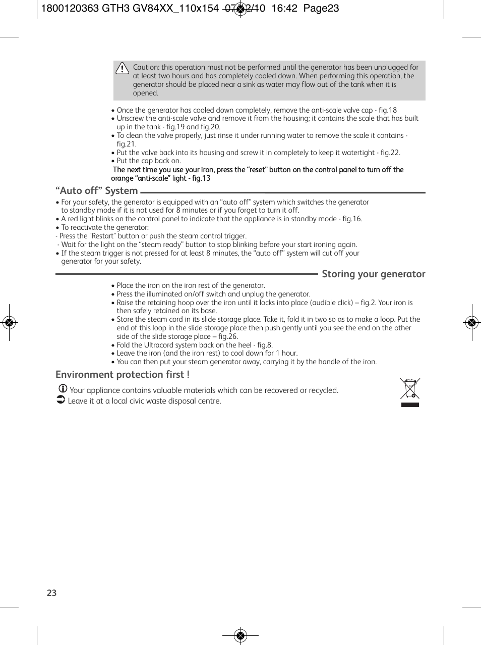 Auto off” system, Storing your generator, Environment protection first | Tefal GV 8460E0 User Manual | Page 28 / 132