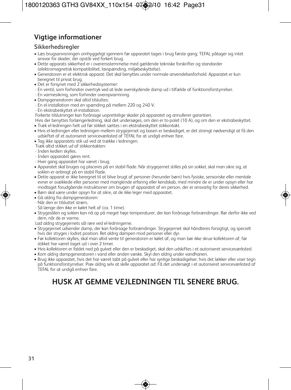 Husk at gemme vejledningen til senere brug, Vigtige informationer, Sikkerhedsregler | Tefal GV 8460E0 User Manual | Page 36 / 132