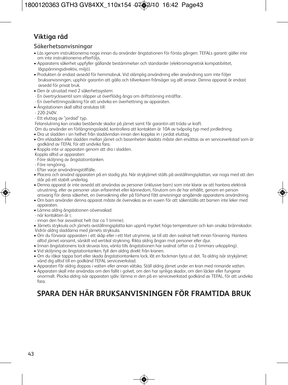 Spara den här bruksanvisningen för framtida bruk, Viktiga råd, Säkerhetsanvisningar | Tefal GV 8460E0 User Manual | Page 48 / 132