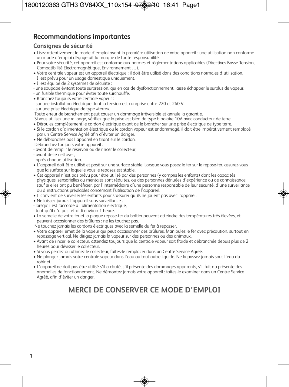 Merci de conserver ce mode d’emploi, Recommandations importantes, Consignes de sécurité | Tefal GV 8460E0 User Manual | Page 5 / 132