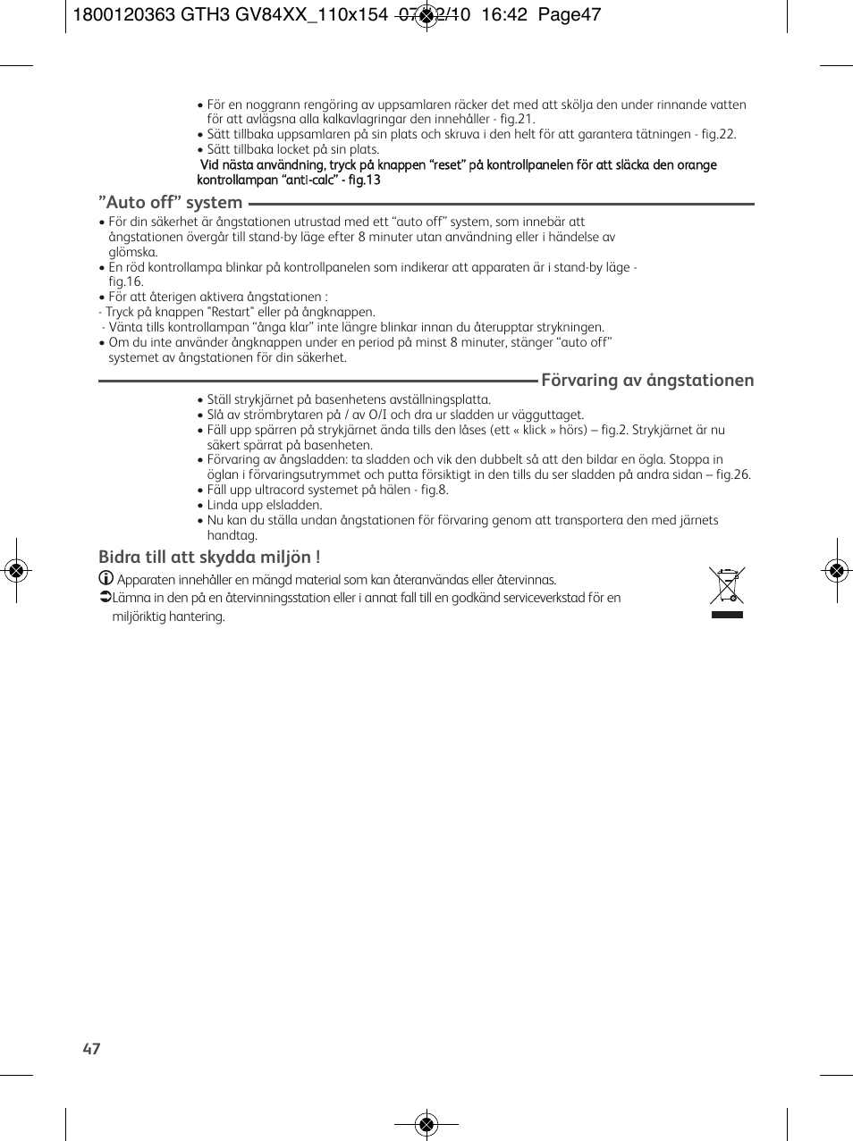 Auto off” system, Förvaring av ångstationen, Bidra till att skydda miljön | Tefal GV 8460E0 User Manual | Page 52 / 132