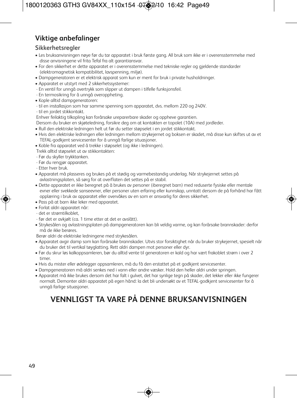 Vennligst ta vare på denne bruksanvisningen, Viktige anbefalinger, Sikkerhetsregler | Tefal GV 8460E0 User Manual | Page 54 / 132