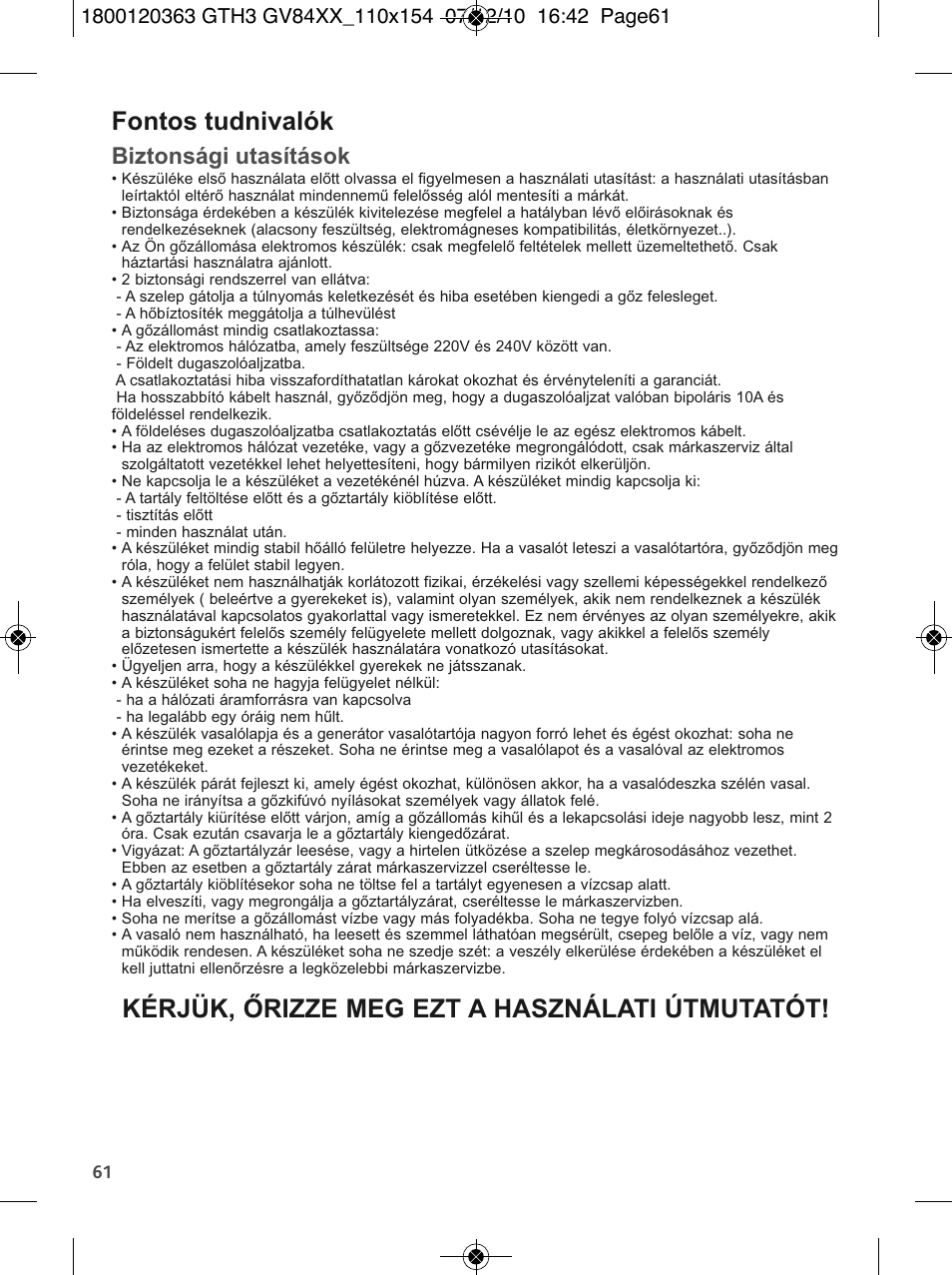 Fontos tudnivalók, Kérjük, őrizze meg ezt a használati útmutatót, Biztonsági utasítások | Tefal GV 8460E0 User Manual | Page 66 / 132