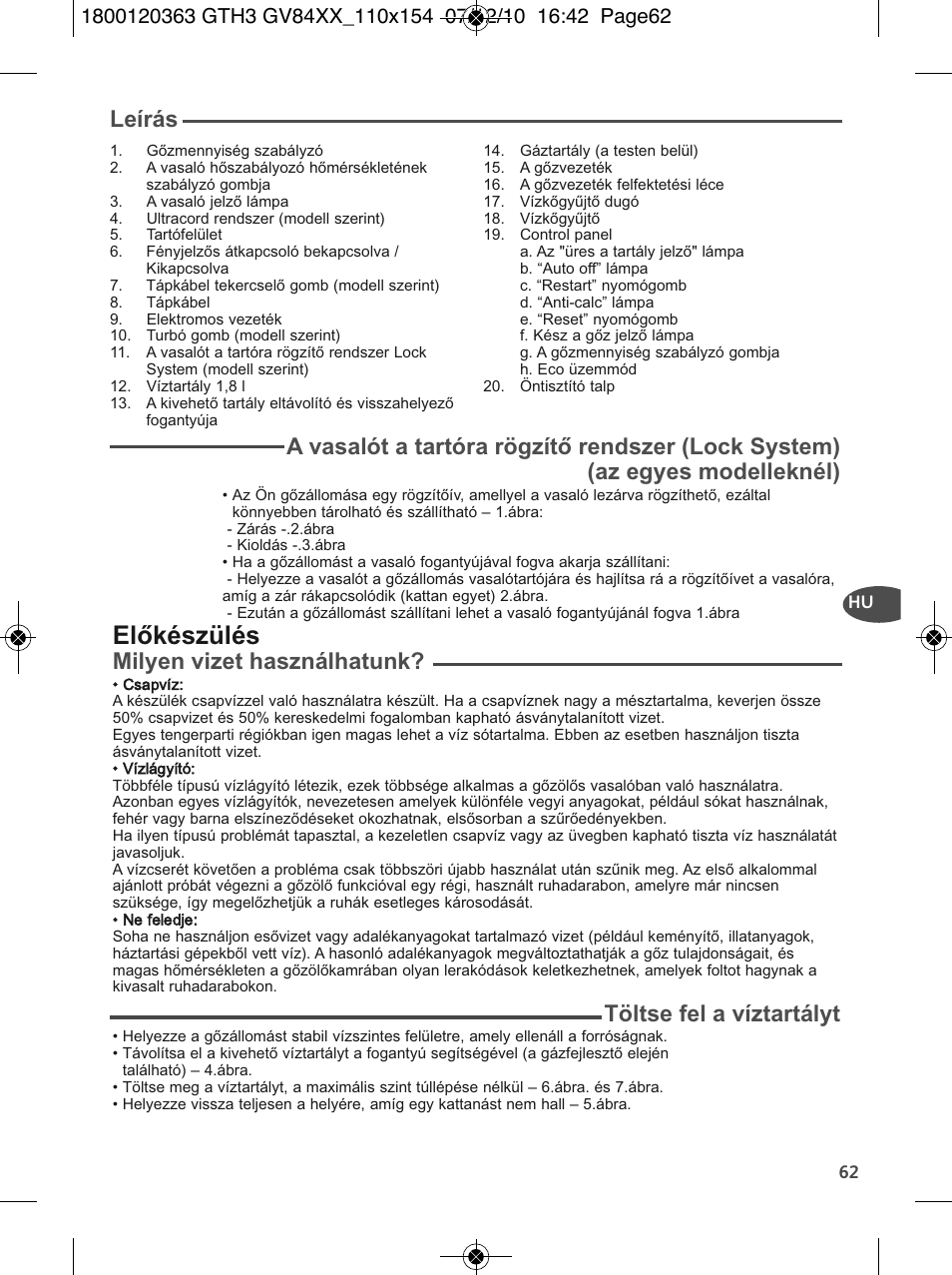 Előkészülés, Leírás, Milyen vizet használhatunk | Töltse fel a víztartályt | Tefal GV 8460E0 User Manual | Page 67 / 132