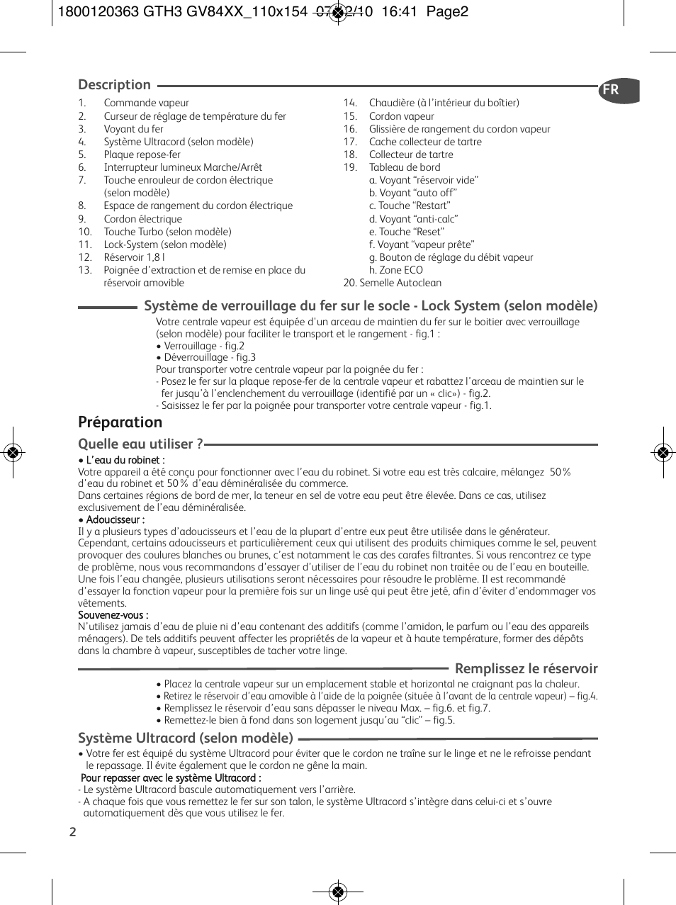 Préparation, Description, Quelle eau utiliser | Remplissez le réservoir, Système ultracord (selon modèle) | Tefal GV 8460E0 User Manual | Page 7 / 132