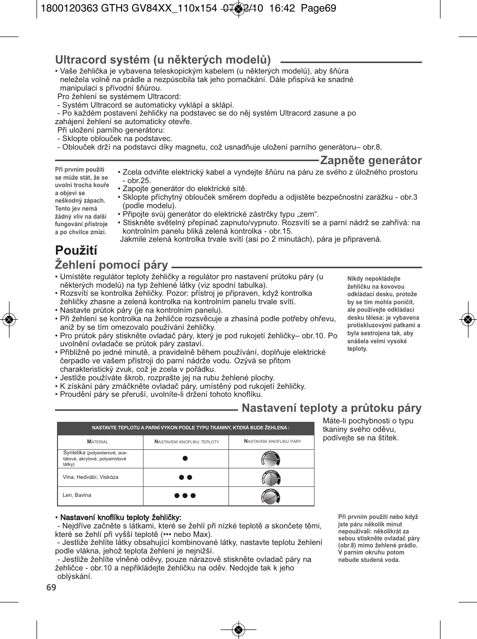 Použití, Ultracord systém (u některých modelů), Zapněte generátor | Žehlení pomocí páry, Nastavení teploty a průtoku páry | Tefal GV 8460E0 User Manual | Page 74 / 132