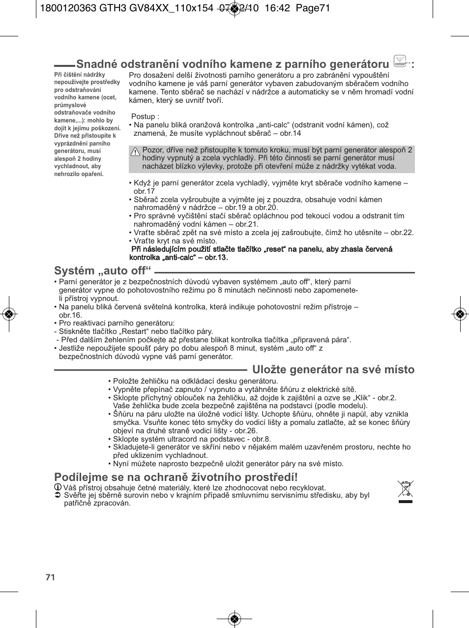 Systém „auto off, Uložte generátor na své místo, Podílejme se na ochraně životního prostředí | Tefal GV 8460E0 User Manual | Page 76 / 132