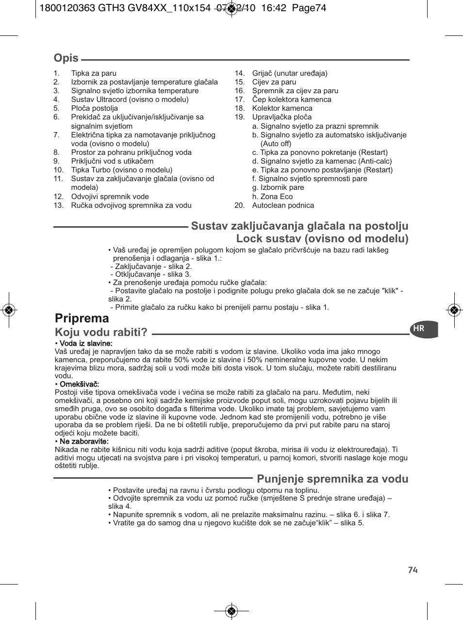 Priprema, Opis, Koju vodu rabiti | Punjenje spremnika za vodu | Tefal GV 8460E0 User Manual | Page 79 / 132