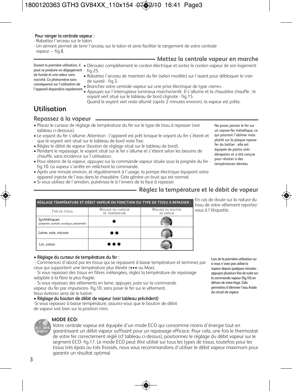 Utilisation, Mettez la centrale vapeur en marche, Repassez à la vapeur | Réglez la température et le débit de vapeur | Tefal GV 8460E0 User Manual | Page 8 / 132