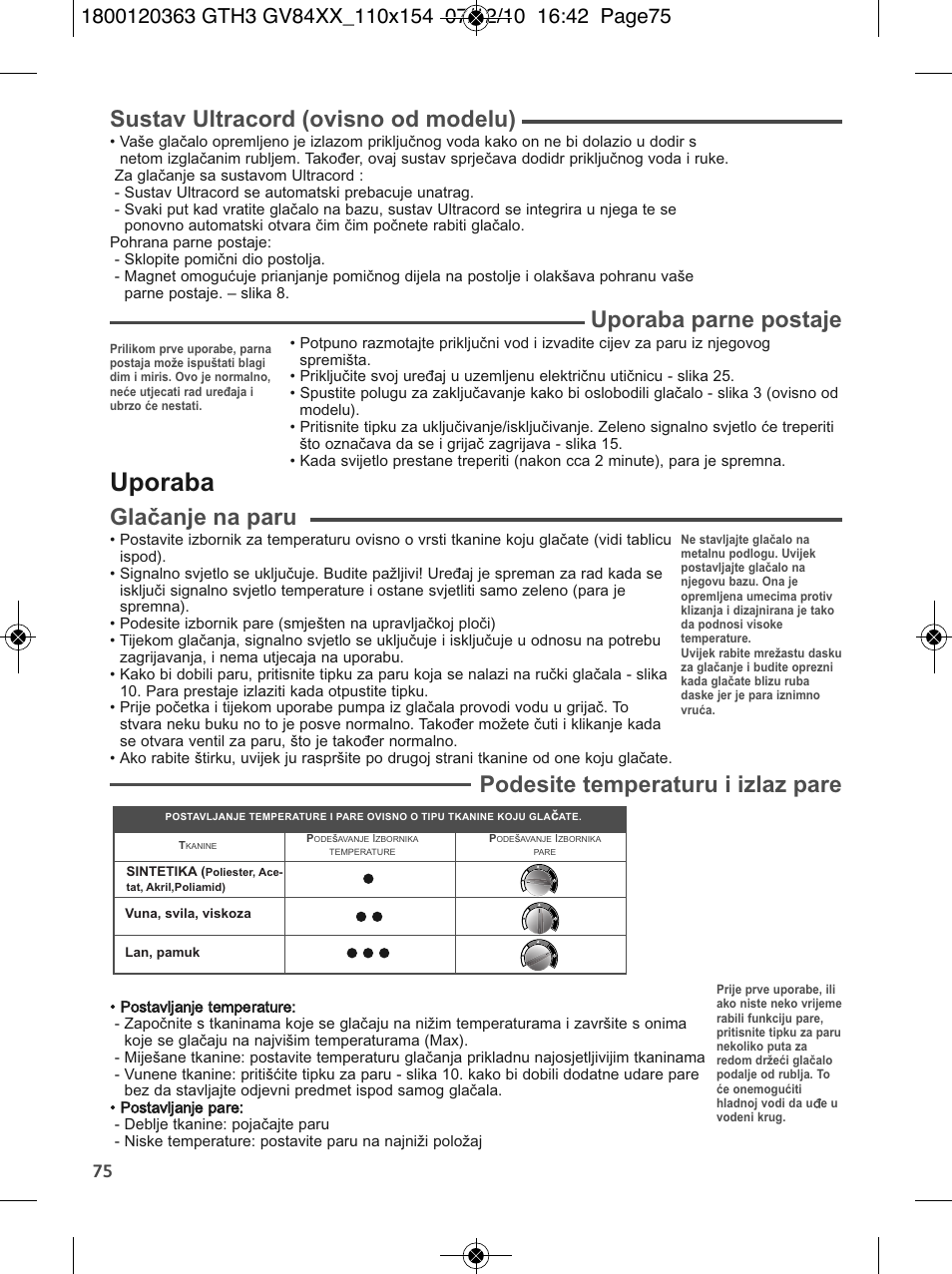 Uporaba, Sustav ultracord (ovisno od modelu), Uporaba parne postaje | Glačanje na paru, Podesite temperaturu i izlaz pare | Tefal GV 8460E0 User Manual | Page 80 / 132