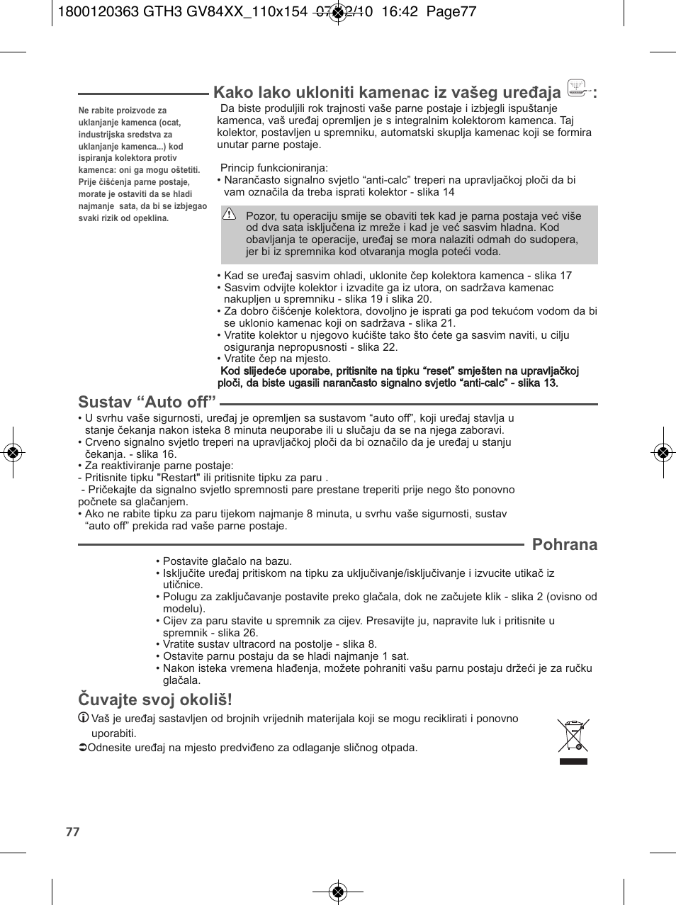 Kako lako ukloniti kamenac iz vašeg uređaja, Sustav “auto off, Pohrana | Čuvajte svoj okoliš | Tefal GV 8460E0 User Manual | Page 82 / 132