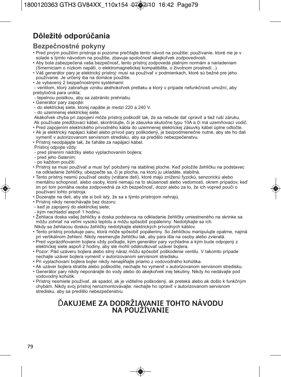 Dôležité odporúčania, Bezpečnostné pokyny | Tefal GV 8460E0 User Manual | Page 84 / 132