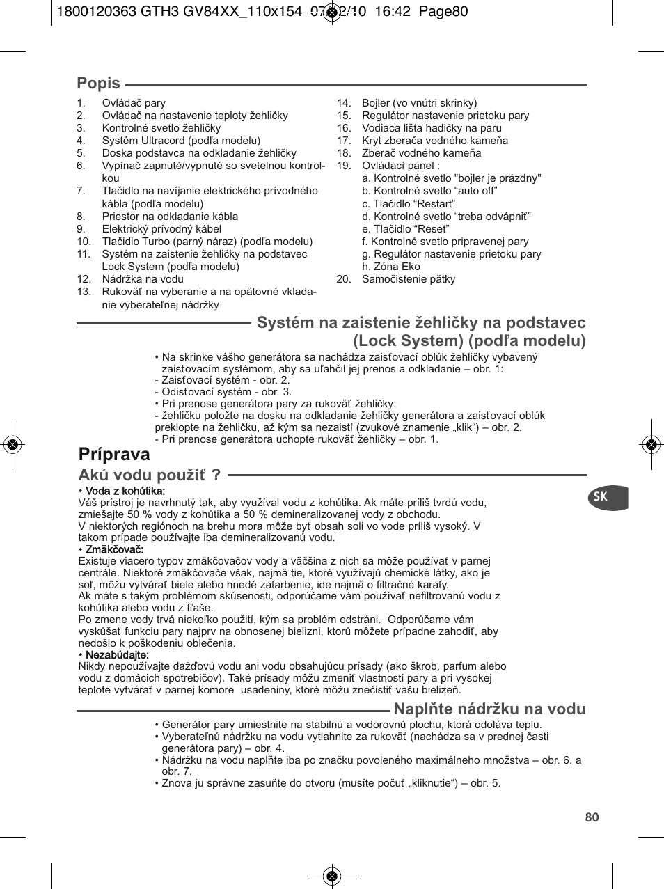 Príprava, Popis, Akú vodu použiť | Naplňte nádržku na vodu | Tefal GV 8460E0 User Manual | Page 85 / 132