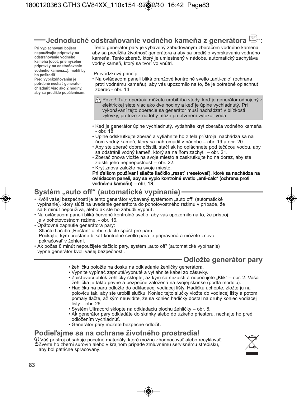 Systém „auto off“ (automatické vypínanie), Odložte generátor pary, Podieľajme sa na ochrane životného prostredia | Tefal GV 8460E0 User Manual | Page 88 / 132