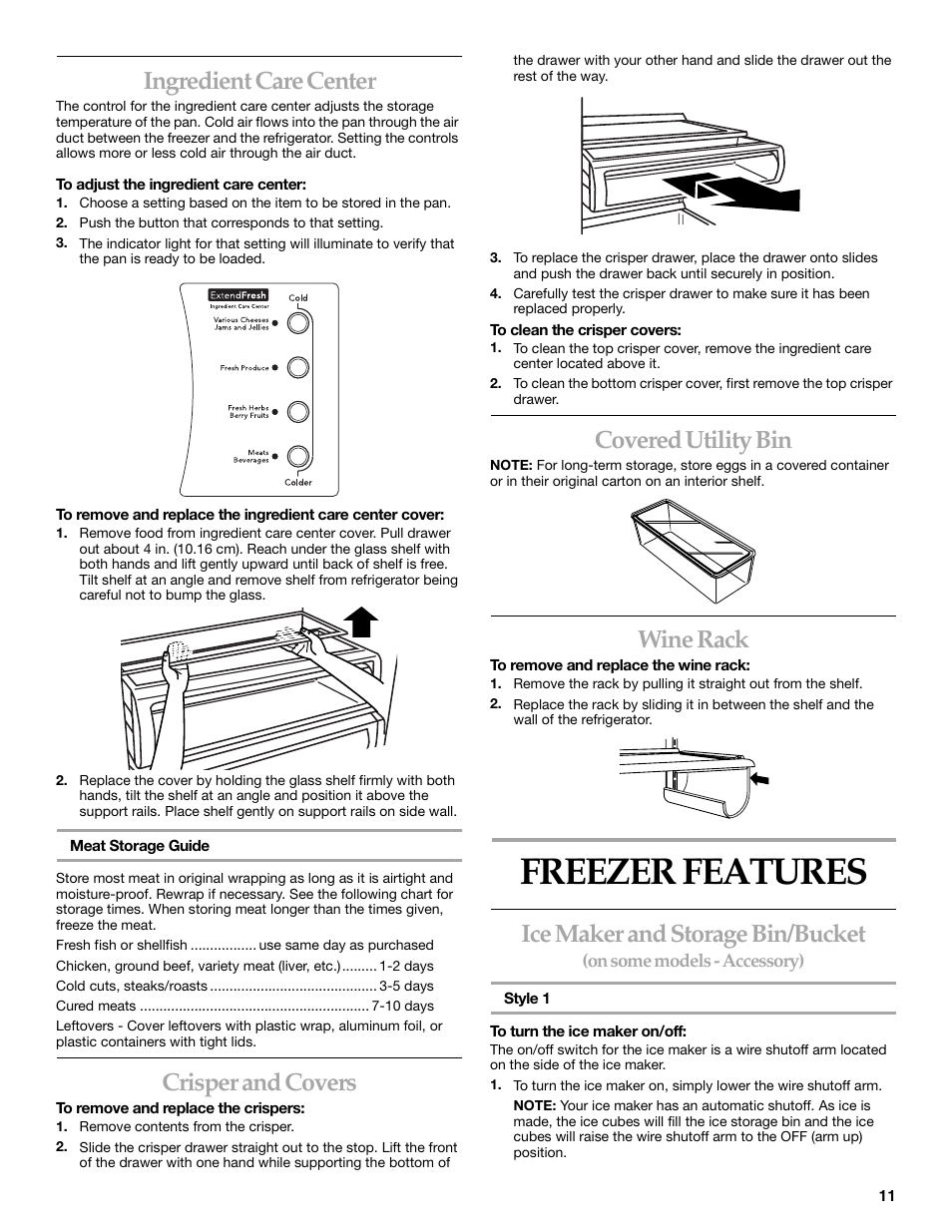 Freezer features, Ingredient care center, Crisper and covers | Covered utility bin, Wine rack, Ice maker and storage bin/bucket | KITCHENAID Side-by-Side Referigerator User Manual | Page 11 / 64