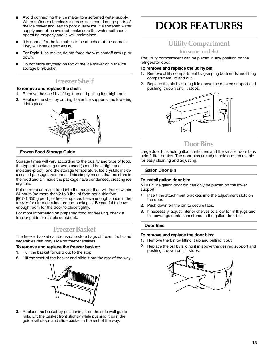Door features, Freezer shelf, Freezer basket | Utility compartment, Door bins | KITCHENAID Side-by-Side Referigerator User Manual | Page 13 / 64