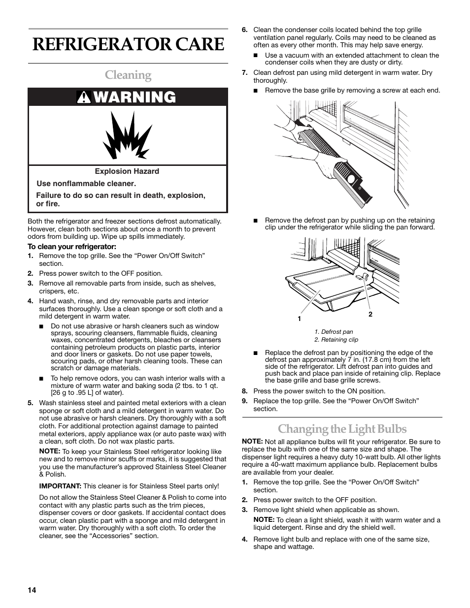 Refrigerator care, Cleaning, Changing the light bulbs | KITCHENAID Side-by-Side Referigerator User Manual | Page 14 / 64