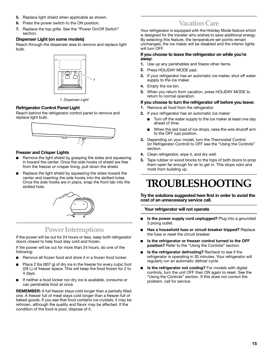 Troubleshooting, Power interruptions, Vacation care | KITCHENAID Side-by-Side Referigerator User Manual | Page 15 / 64