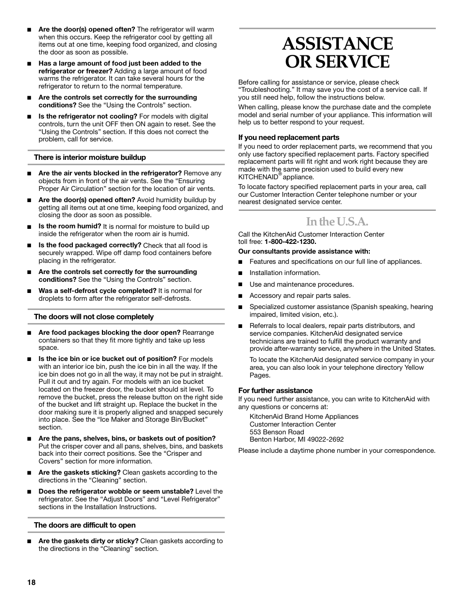 Assistance or service | KITCHENAID Side-by-Side Referigerator User Manual | Page 18 / 64