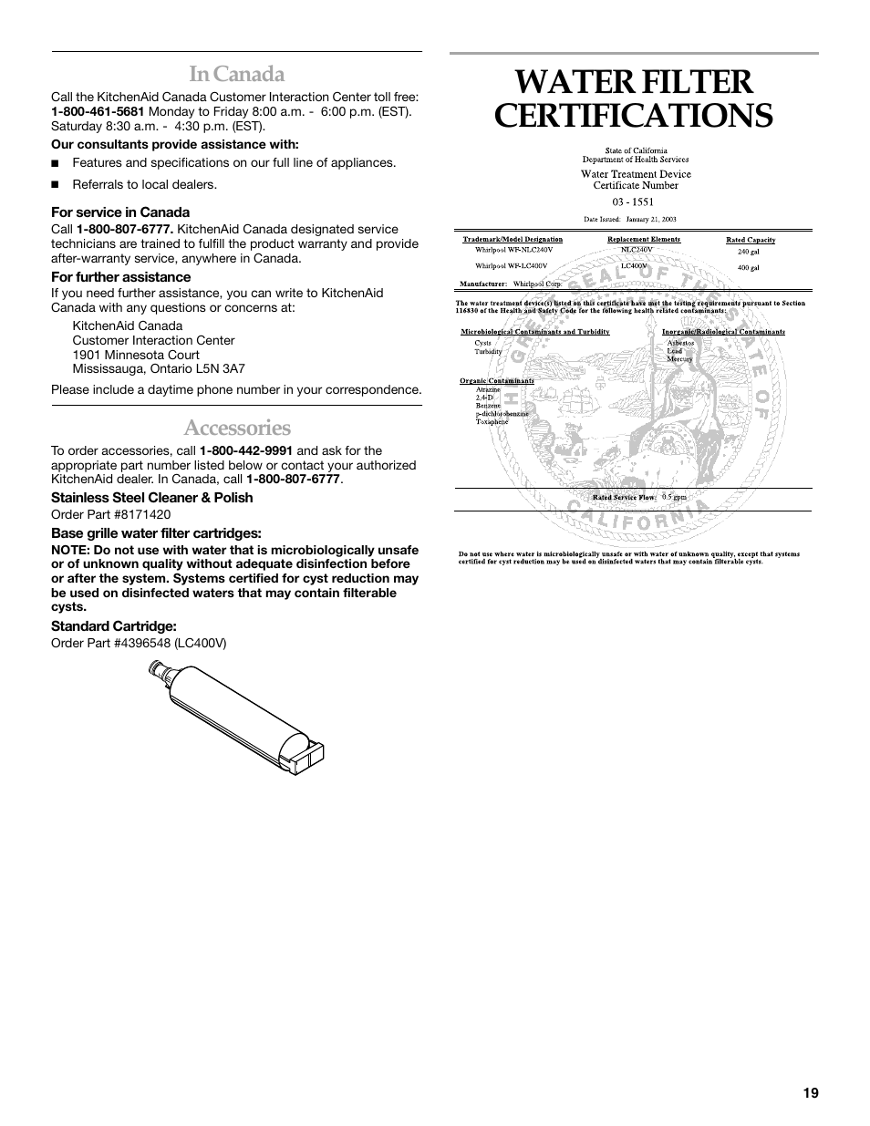Water filter certifications, Accessories | KITCHENAID Side-by-Side Referigerator User Manual | Page 19 / 64