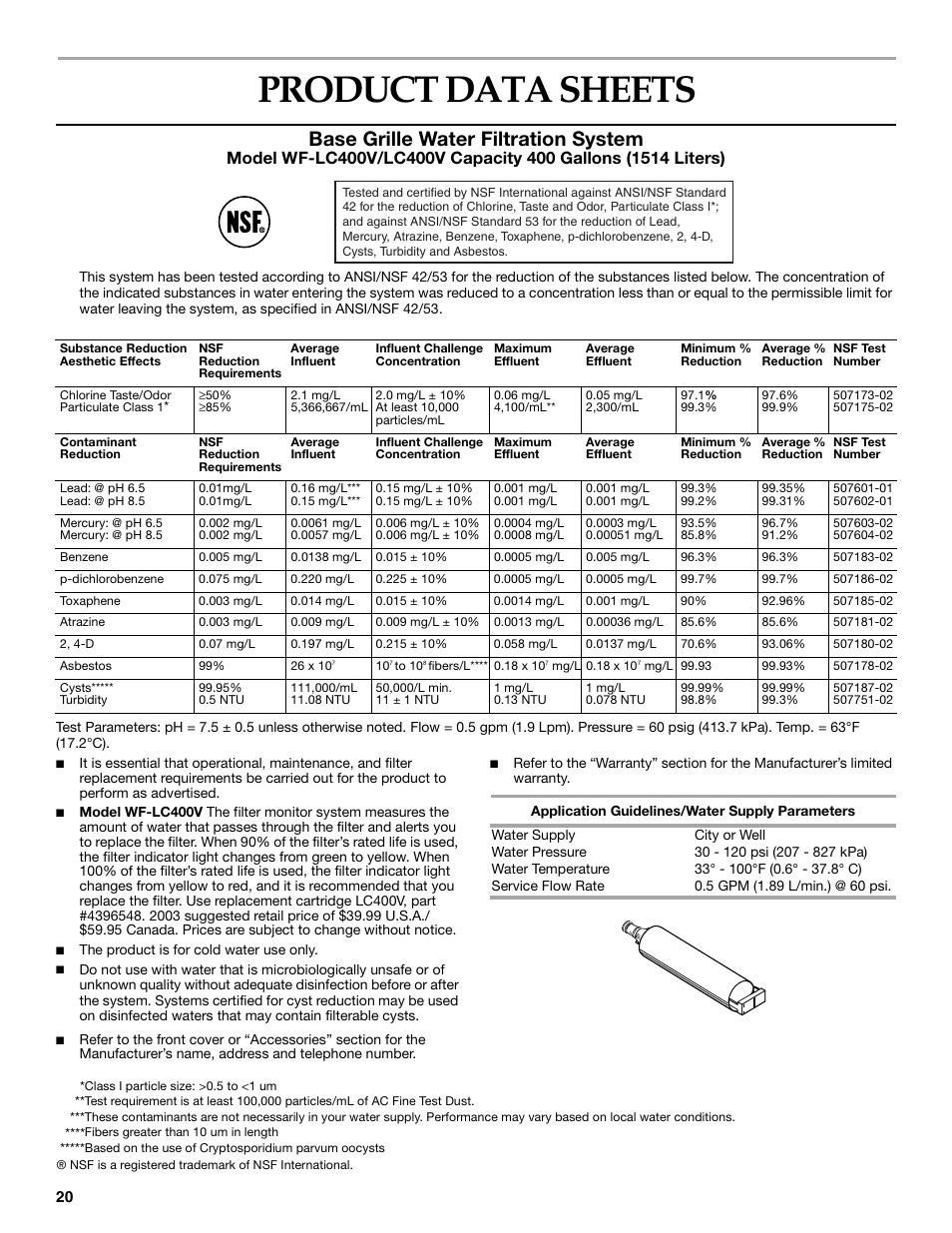 Product data sheets, Base grille water filtration system | KITCHENAID Side-by-Side Referigerator User Manual | Page 20 / 64