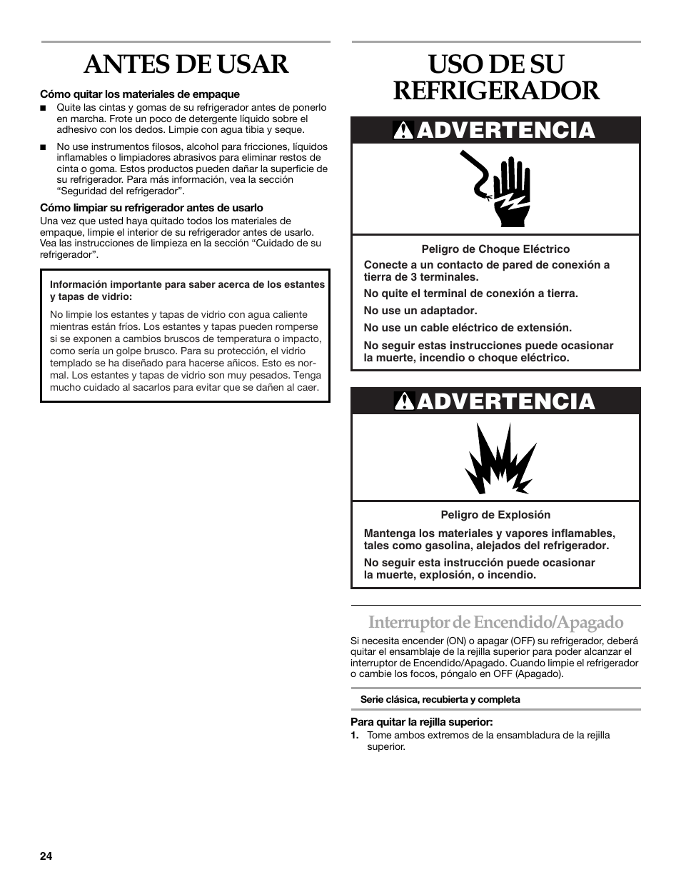 Uso de su refrigerador, Antes de usar, Advertencia | Interruptor de encendido/apagado | KITCHENAID Side-by-Side Referigerator User Manual | Page 24 / 64