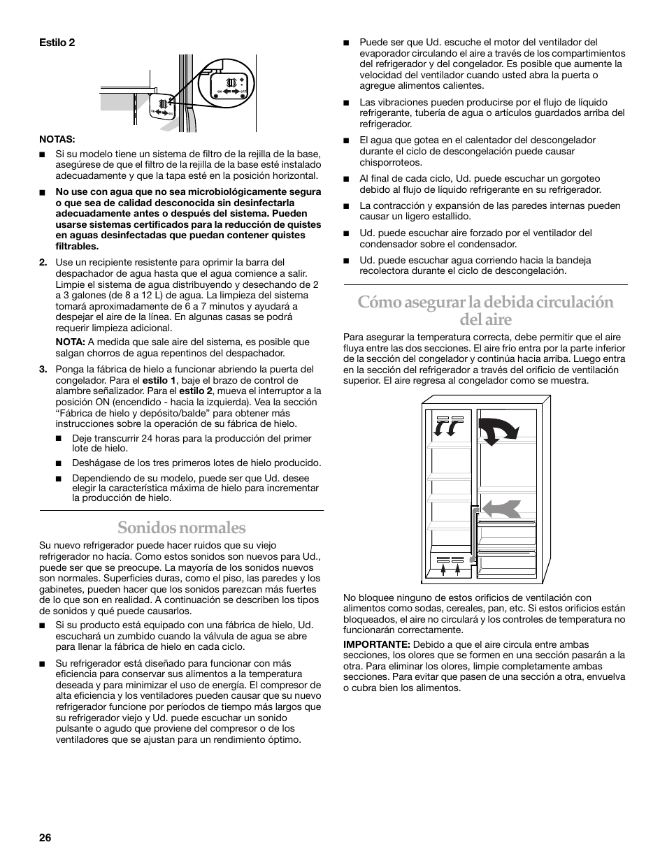 Sonidos normales, Cómo asegurar la debida circulación del aire | KITCHENAID Side-by-Side Referigerator User Manual | Page 26 / 64