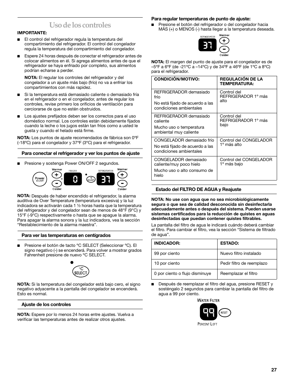 Uso de los controles | KITCHENAID Side-by-Side Referigerator User Manual | Page 27 / 64