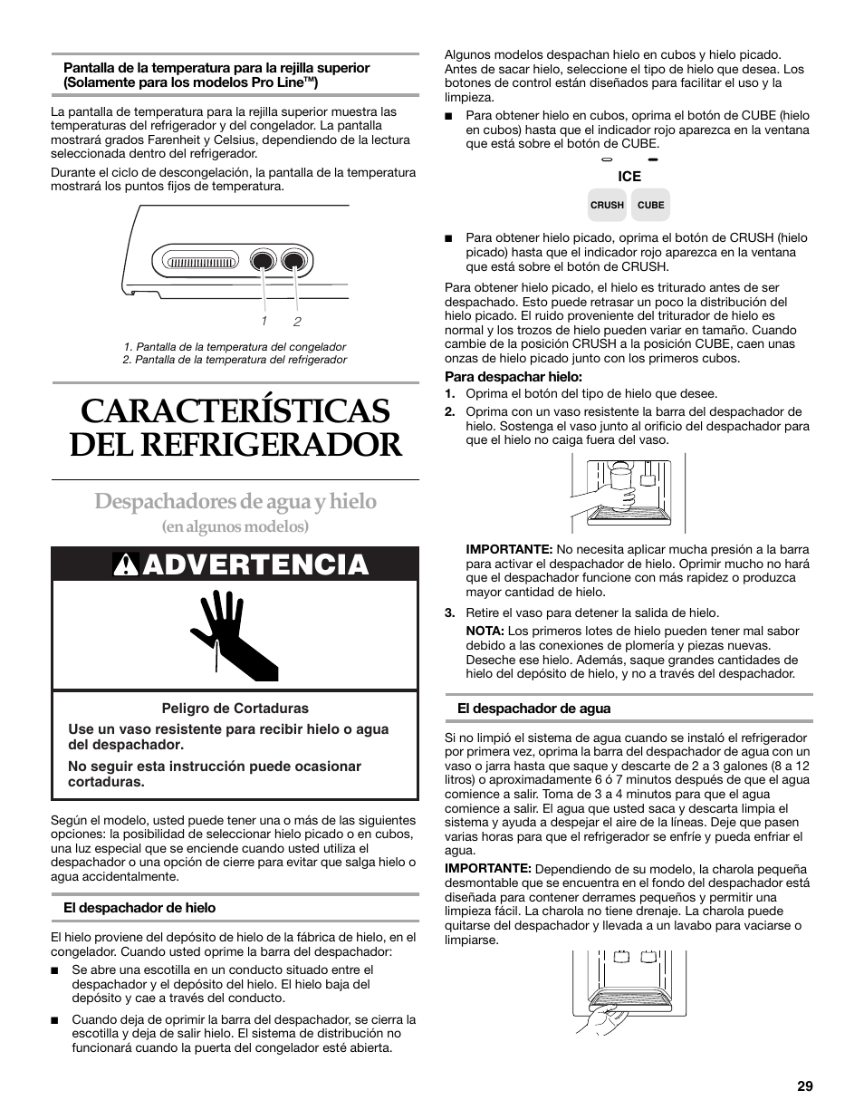 Características del refrigerador, Advertencia, Despachadores de agua y hielo | KITCHENAID Side-by-Side Referigerator User Manual | Page 29 / 64