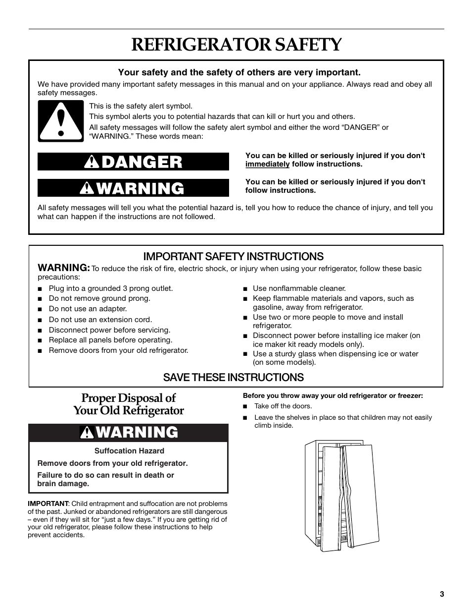 Refrigerator safety, Proper disposal of your old refrigerator, Important safety instructions | Save these instructions, Warning | KITCHENAID Side-by-Side Referigerator User Manual | Page 3 / 64