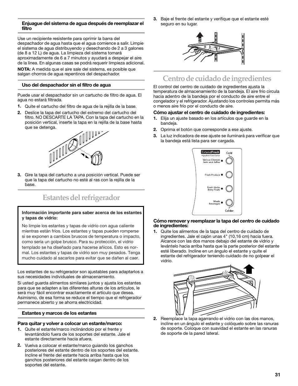 Estantes del refrigerador, Centro de cuidado de ingredientes | KITCHENAID Side-by-Side Referigerator User Manual | Page 31 / 64