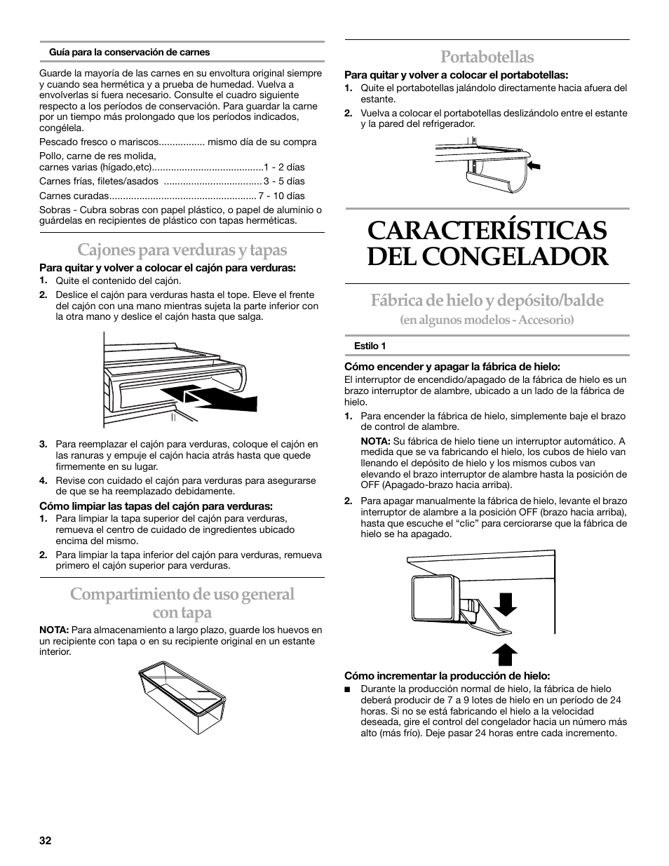 Características del congelador, Cajones para verduras y tapas, Compartimiento de uso general con tapa | Portabotellas, Fábrica de hielo y depósito/balde | KITCHENAID Side-by-Side Referigerator User Manual | Page 32 / 64