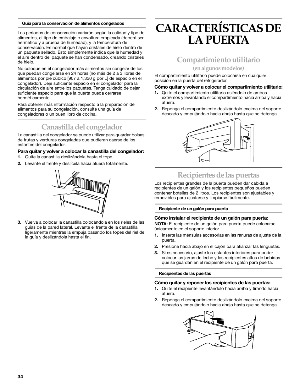Características de la puerta, Canastilla del congelador, Compartimiento utilitario | Recipientes de las puertas | KITCHENAID Side-by-Side Referigerator User Manual | Page 34 / 64