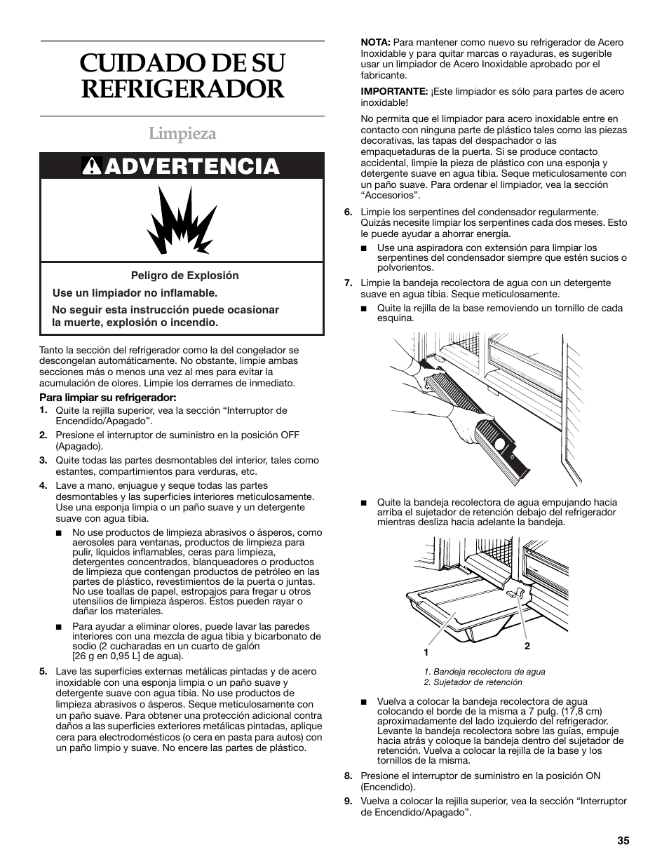 Cuidado de su refrigerador, Advertencia, Limpieza | KITCHENAID Side-by-Side Referigerator User Manual | Page 35 / 64