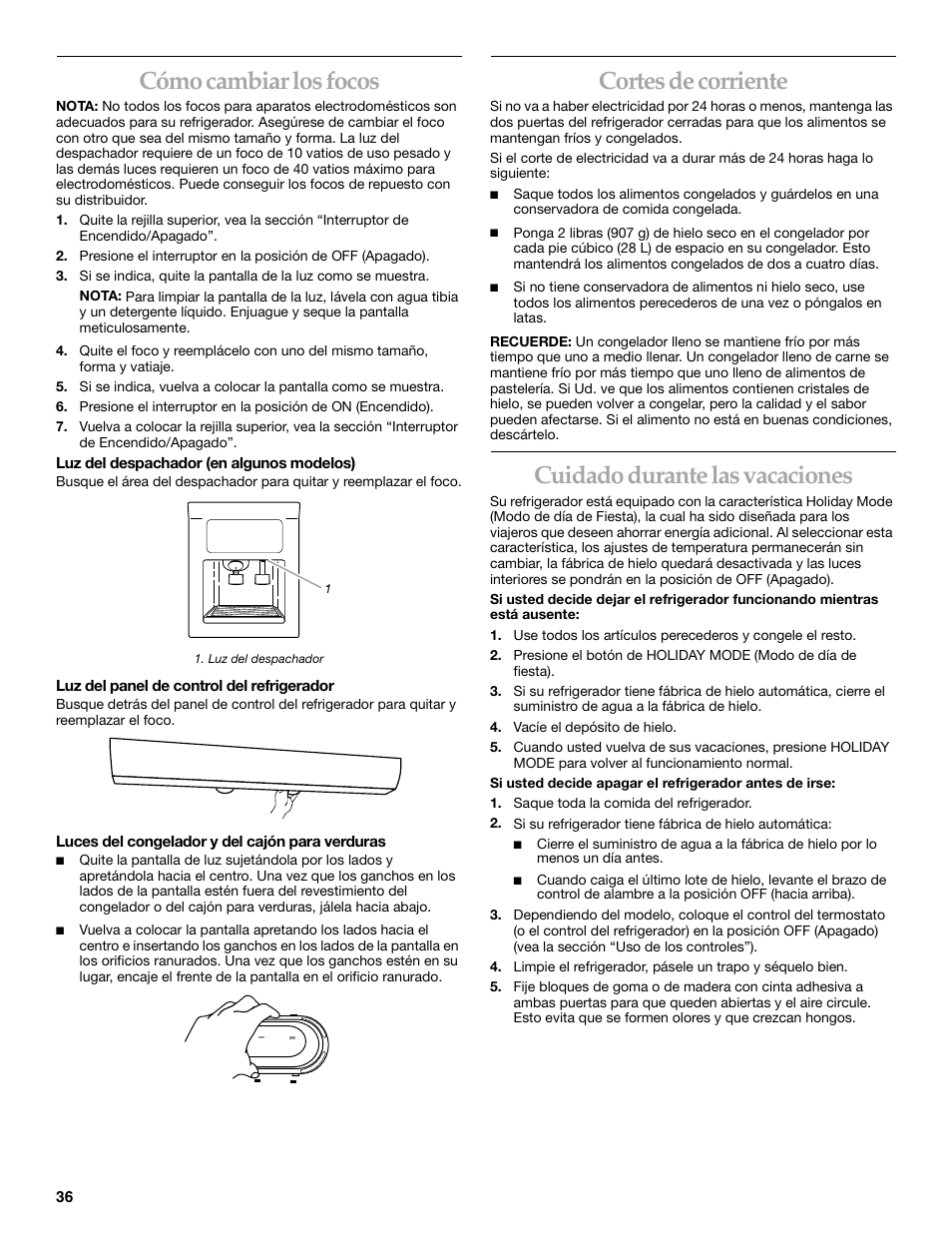 Cómo cambiar los focos, Cortes de corriente, Cuidado durante las vacaciones | KITCHENAID Side-by-Side Referigerator User Manual | Page 36 / 64