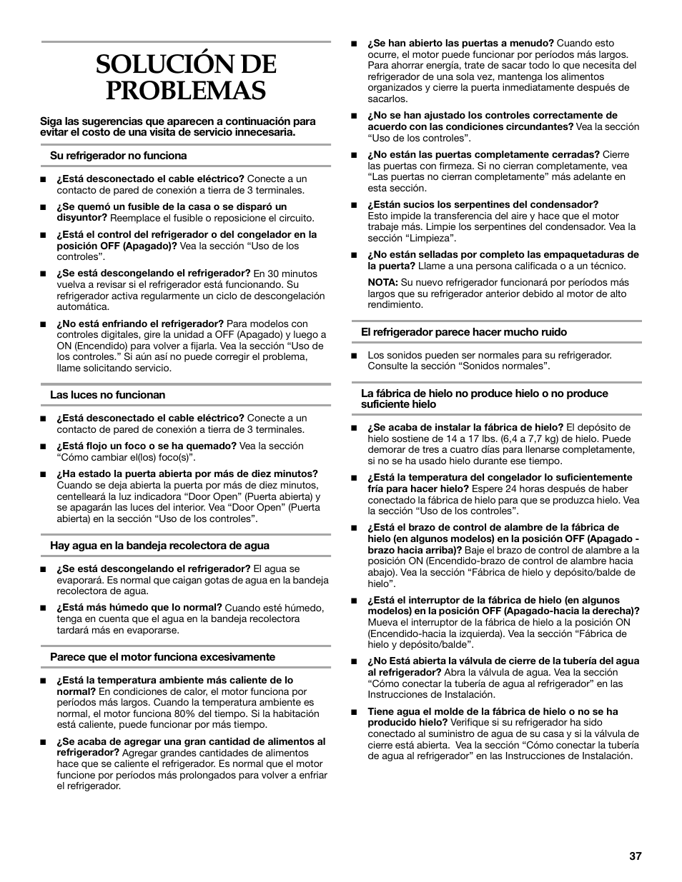Solución de problemas | KITCHENAID Side-by-Side Referigerator User Manual | Page 37 / 64