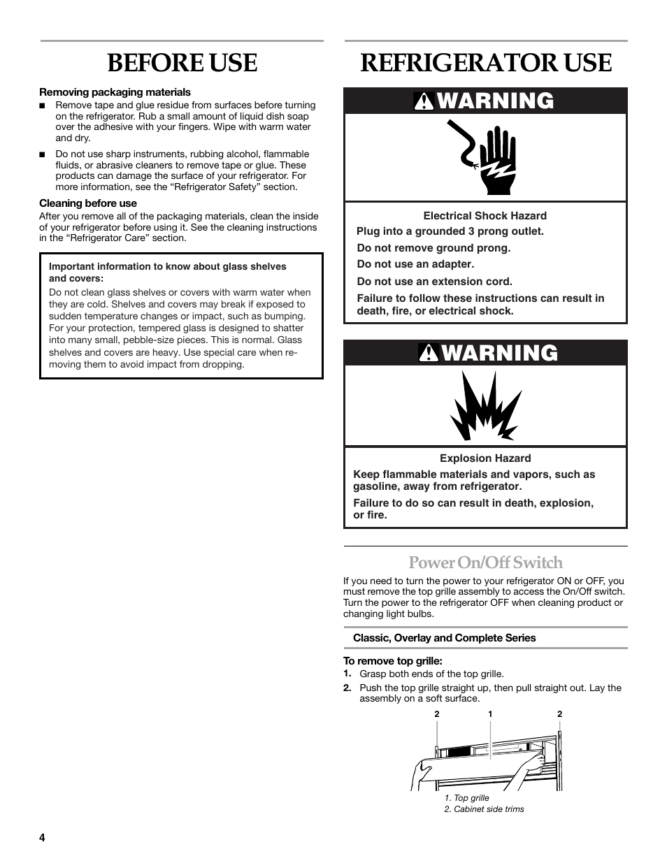 Refrigerator use, Before use, Warning | Power on/off switch | KITCHENAID Side-by-Side Referigerator User Manual | Page 4 / 64