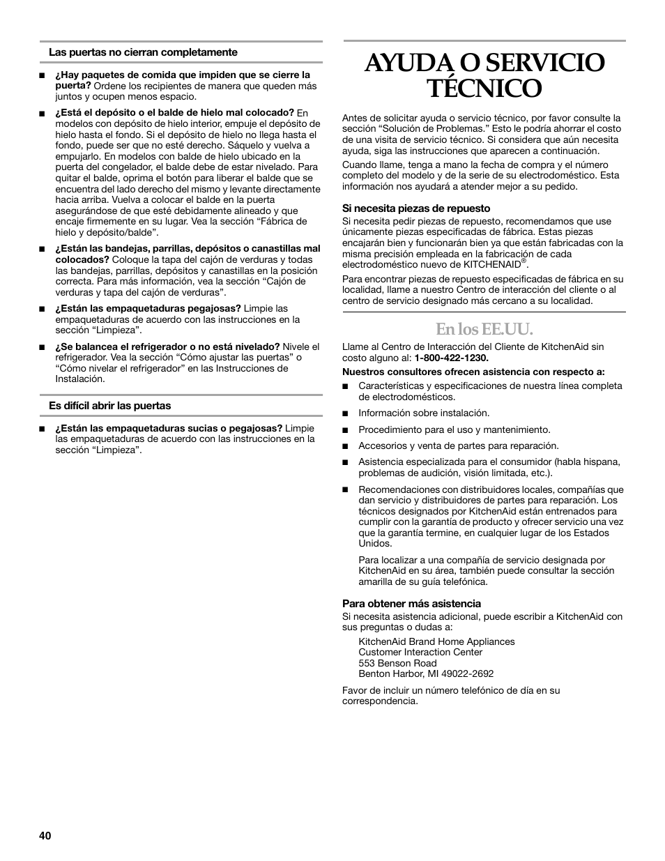 Ayuda o servicio tecnico, Ayuda o servicio técnico, En los ee.uu | KITCHENAID Side-by-Side Referigerator User Manual | Page 40 / 64