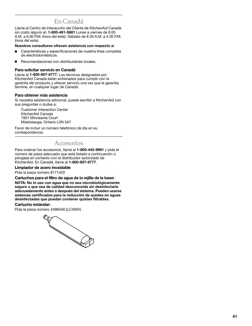 En canadá, Accesorios | KITCHENAID Side-by-Side Referigerator User Manual | Page 41 / 64